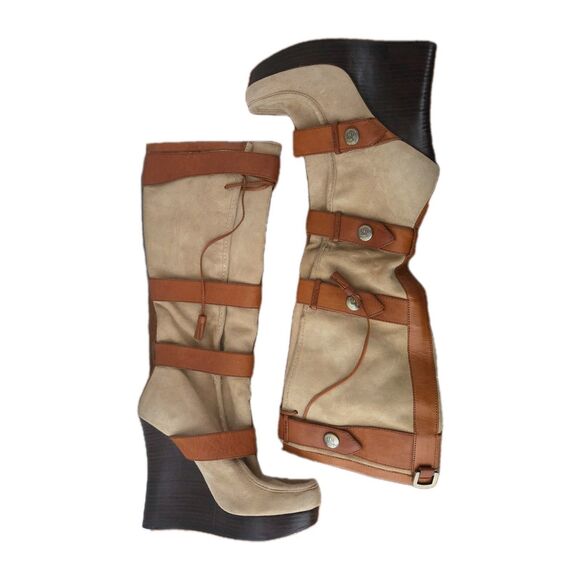 RARE NEW L.A.M.B Gwen Stefani Suede Leather Platform Knee High Wedge Boots Sz 7 - Picture 2 of 16